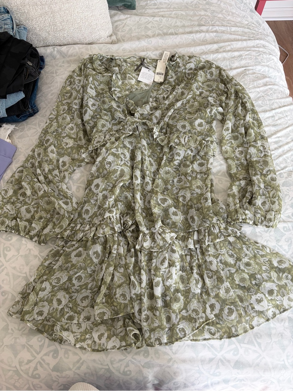 Anthropologie Olive Green Floral Ruffle Shift Dress